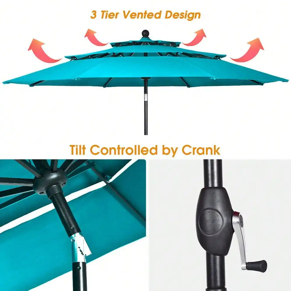 10ft 3 Tier Patio Market Umbrella Aluminum Shade Shelter Double Vented Turquoise