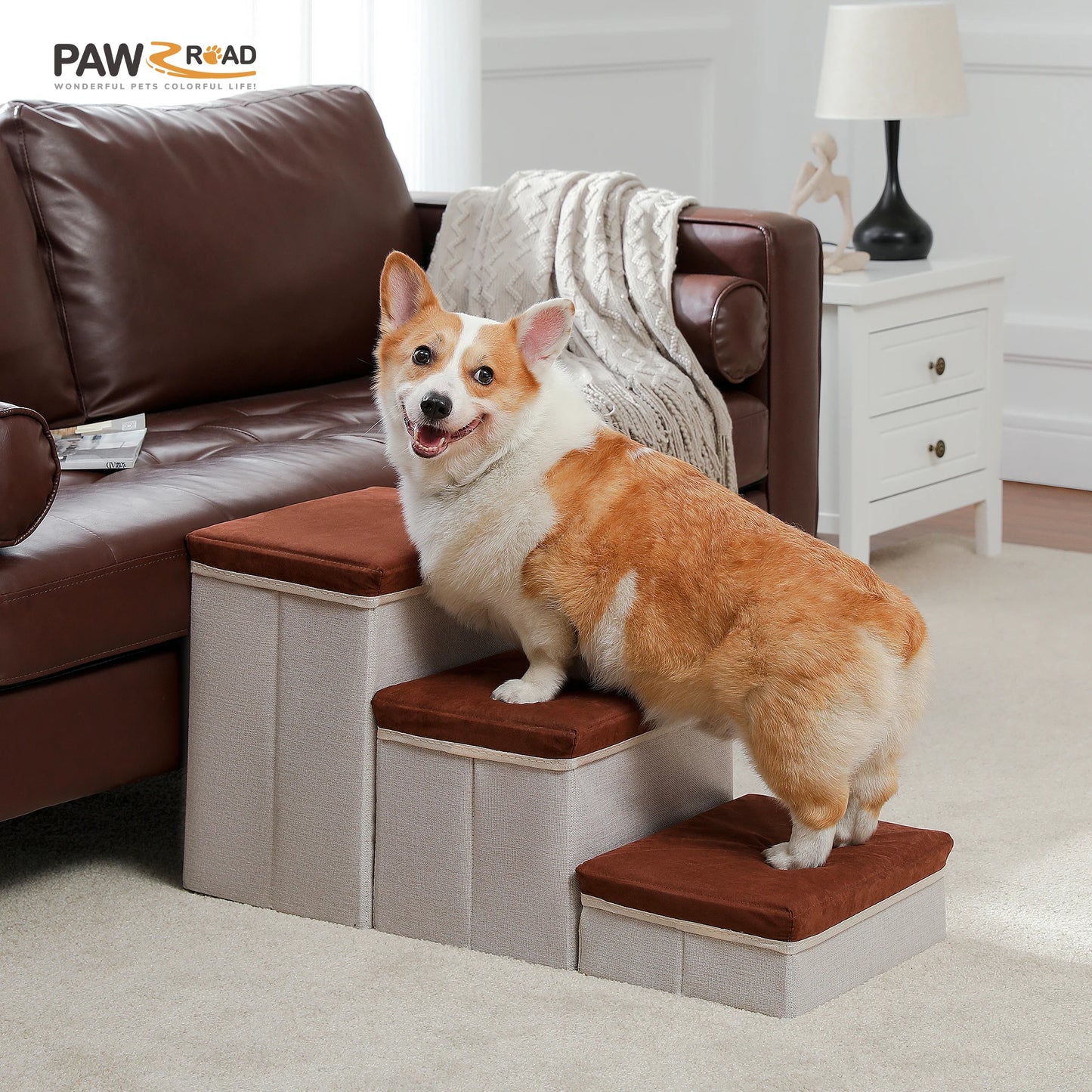 Three Tier Foldable Dog Stairs With Storage Box Indoor Use