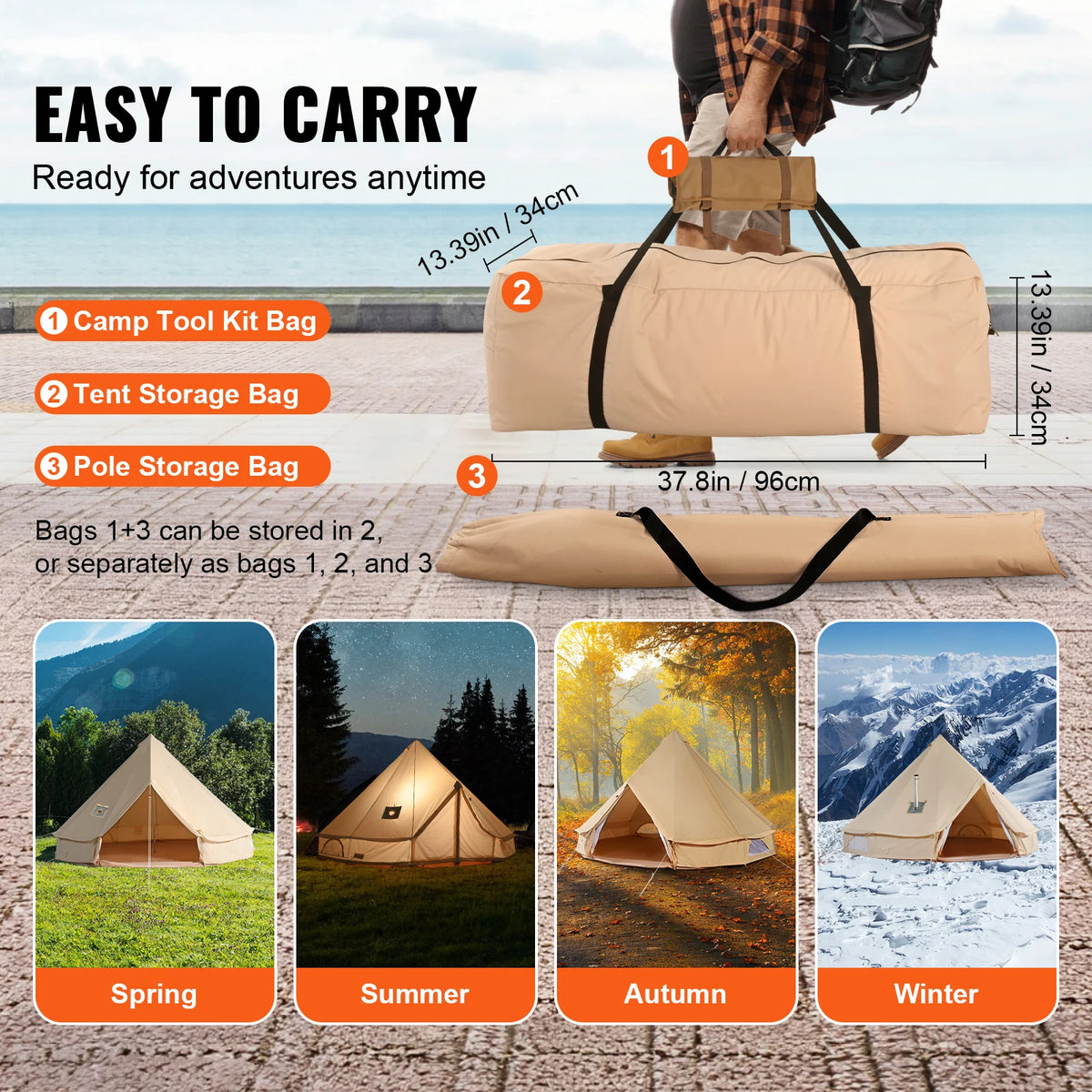 4 Seasons Canvas Bell Tent For Camping With Chimney Vent