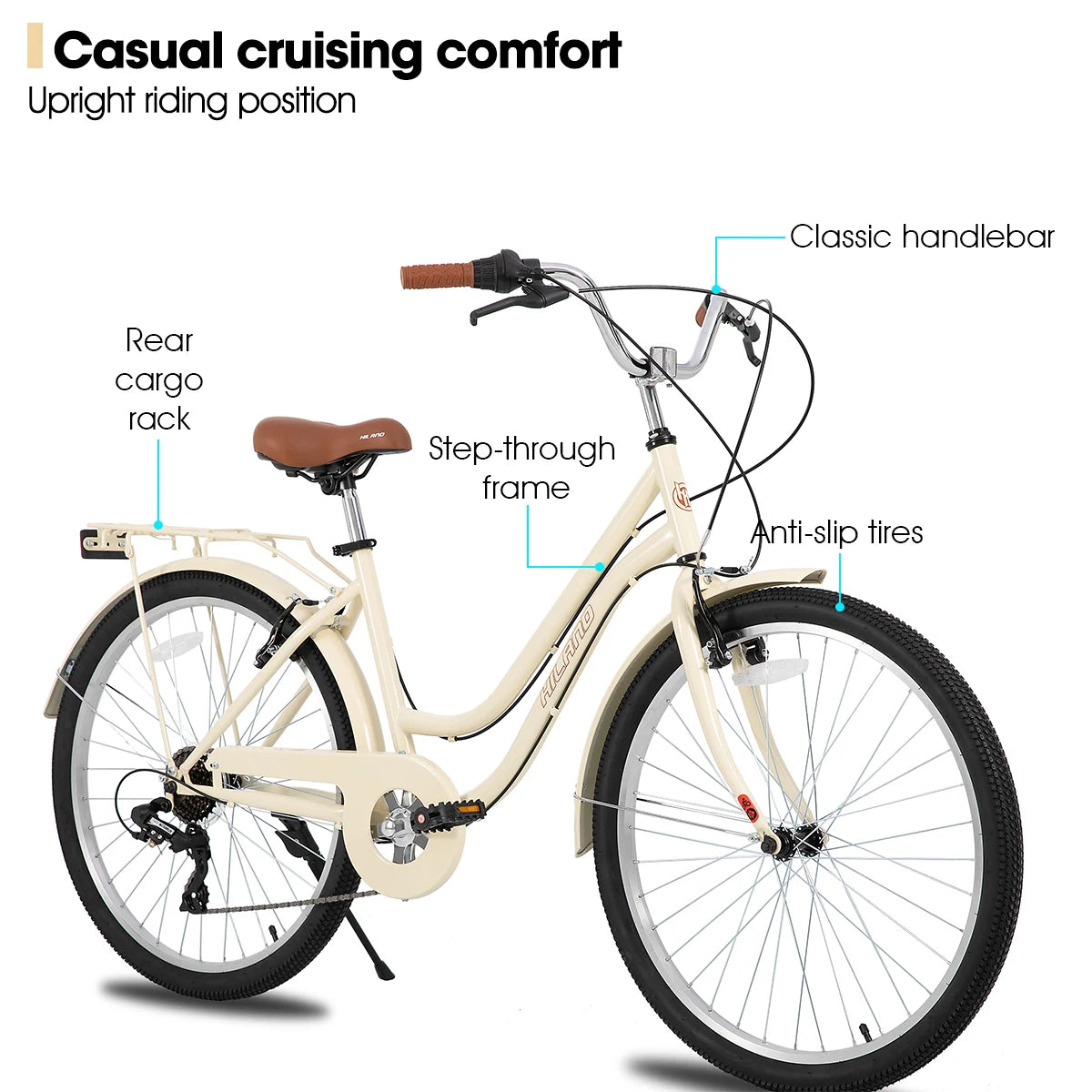 HILAND 26 Inch Beach Cruiser Bike for Men and Women 7 Speed Adult Bicycle with Rear Rack Retrospec Commuter City Bicycle