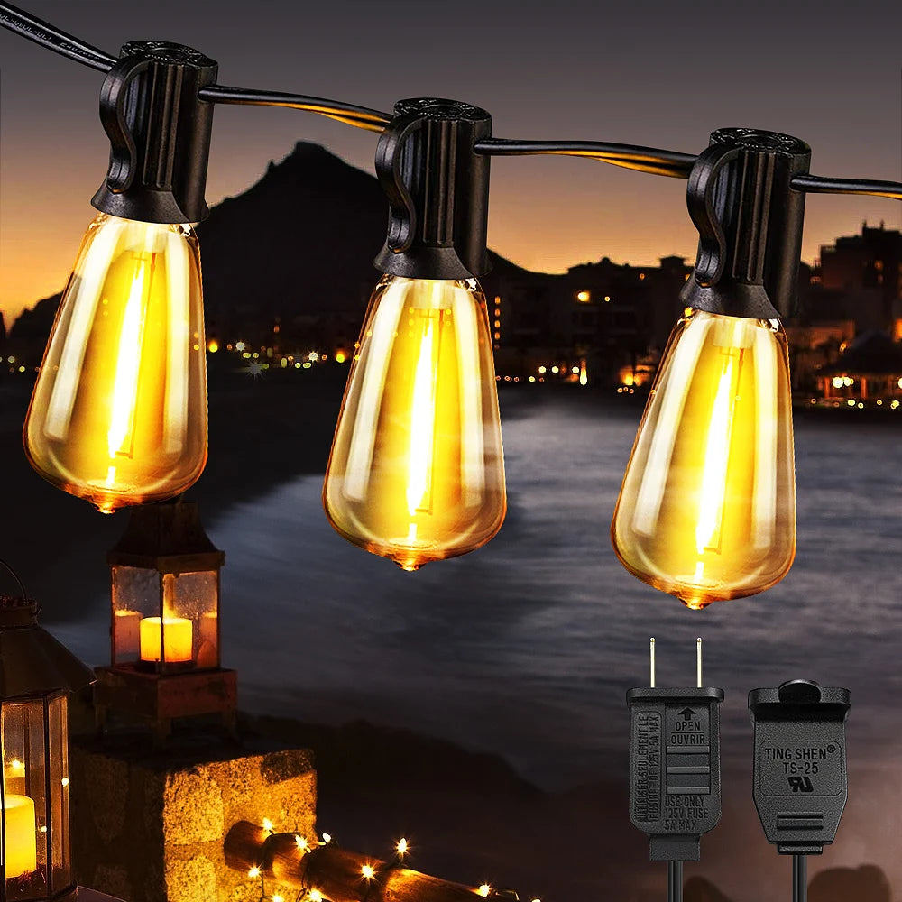 50ft 100ft 25ft LED Outdoor String Lights Shatterproof ST38 Bulbs Dimmable Connectable Warm White for Garden Porch