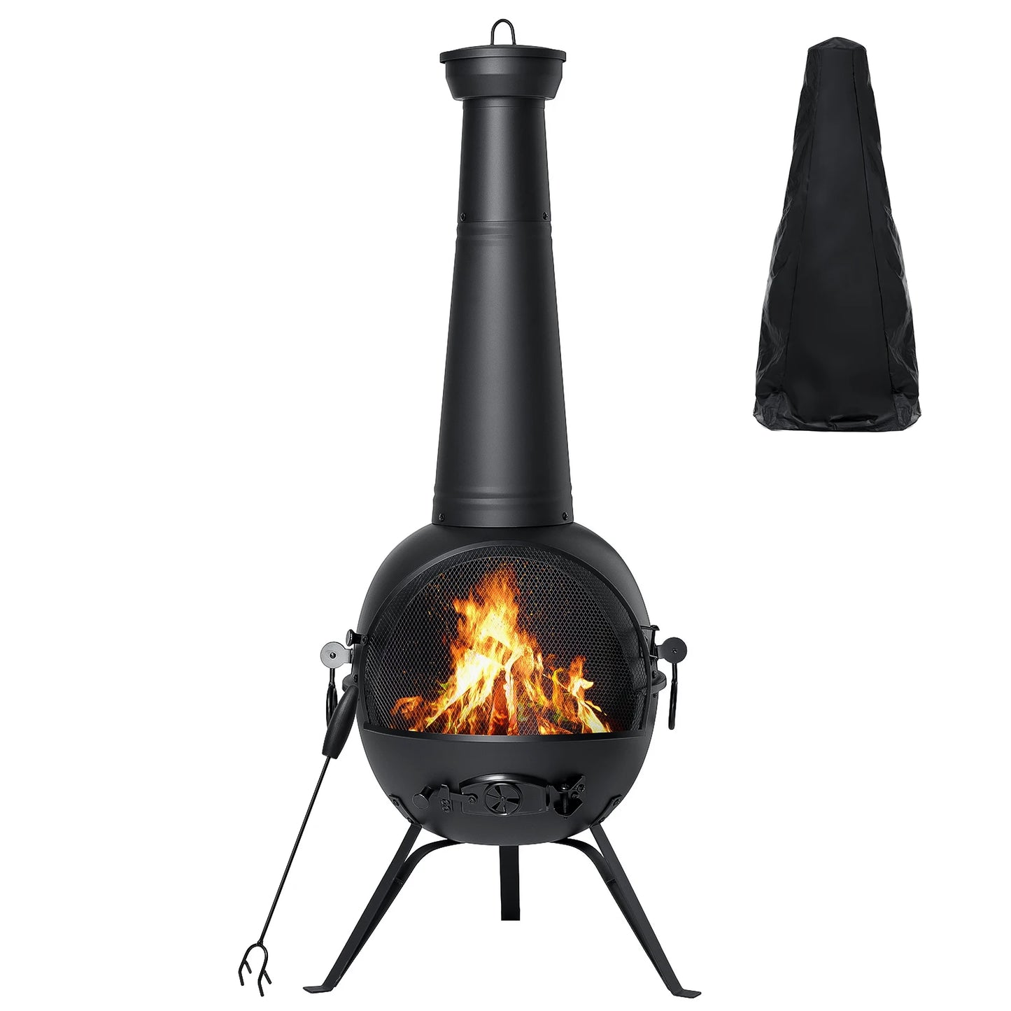 Outdoor Wooden Chiminea Fire Pit With Chiminea Cover Rust Free Iron Black - Get Outside Today 25