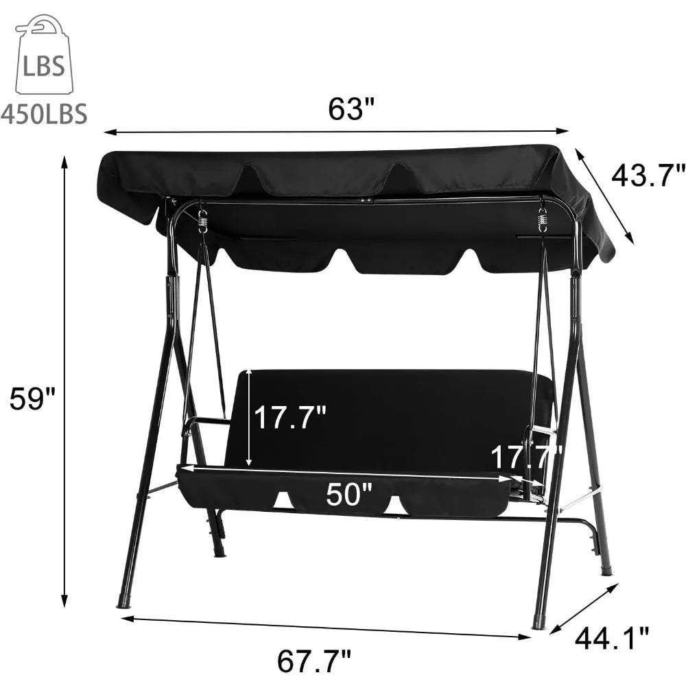 Outdoor Patio Swing Chair for Adults 3 Seat Porch Swing with Adjustable Canopy Removable Cushion Outdoor Furniture