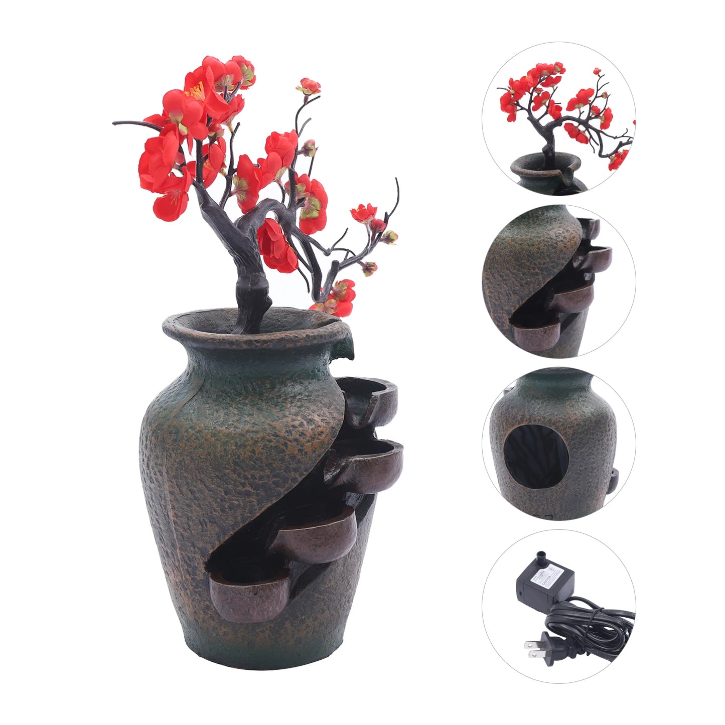 Water Fountain with Rock Led Light Mist Mini Fountain Water Humidifier Office Relaxation Decor Retro Zen Resin Desktop Vase