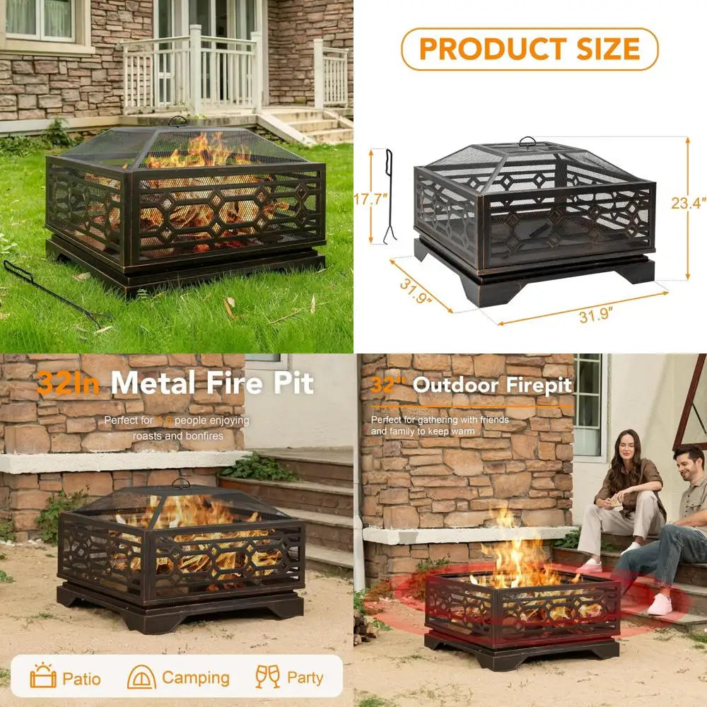 Square Outdoor Wood Burning Fire Pit With Mesh And Poker
