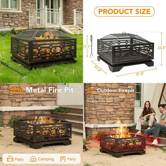 Square Outdoor Wood Burning Fire Pit With Mesh And Poker