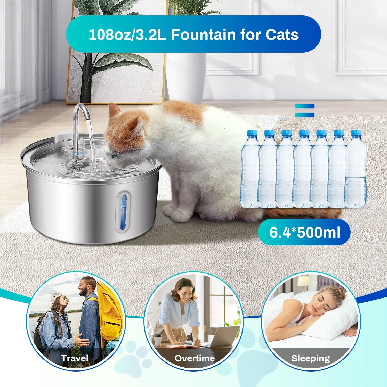 Cat Water Fountain Stainless Steel 108oz Ultra Quiet Pump - Get Outside Today 25