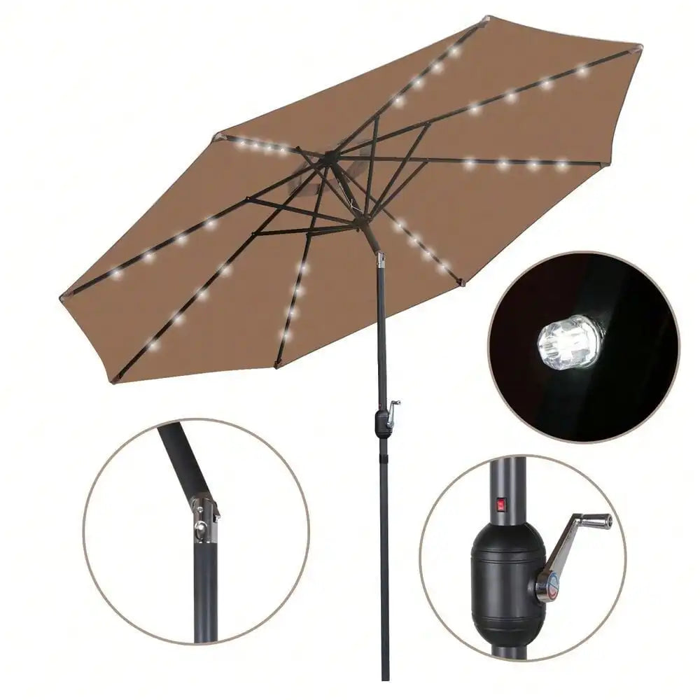 Outdoor Patio Solar Umbrella 10FT 32LED Patio Market Steel Tilt W/ Crank