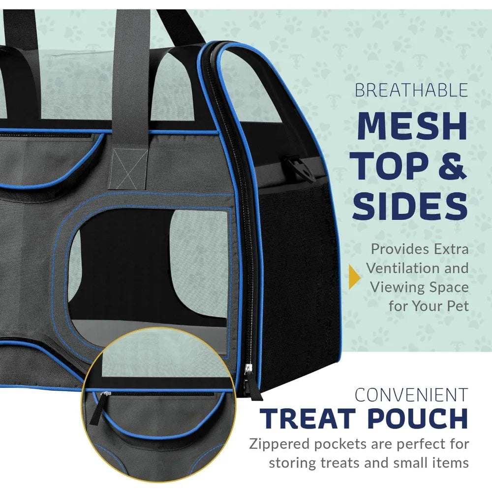 TIFICY Soft Sided Pet Carrier Airline Approved For Small Dogs And Cats TSA Carrier Black Blue 19.2L X 12.5W X 14.5H