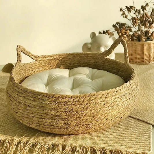 Handwoven Rattan Cat Nest Four Seasons Warm Pad Washable