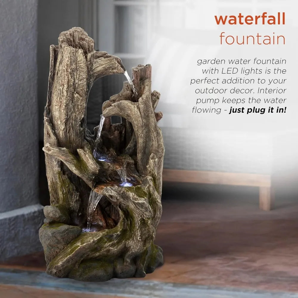 Win786 4 Tier Rainforest Tree Trunk Waterfall Fountain with LED Lights for Outdoor Garden Patio Yard and Porch Decor 40 Inches High