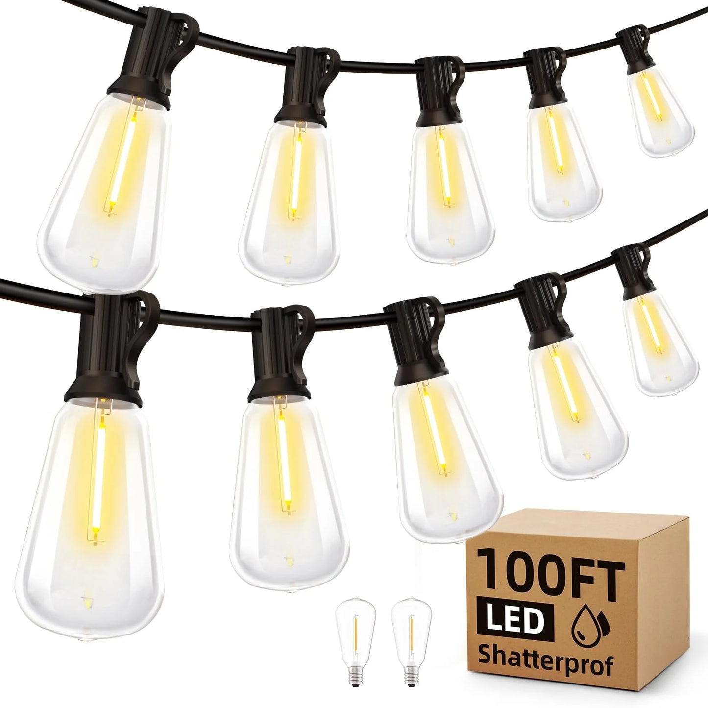 200ft LED Outdoor String Lights Dimmable Waterproof ST38 Shatterproof Bulbs
