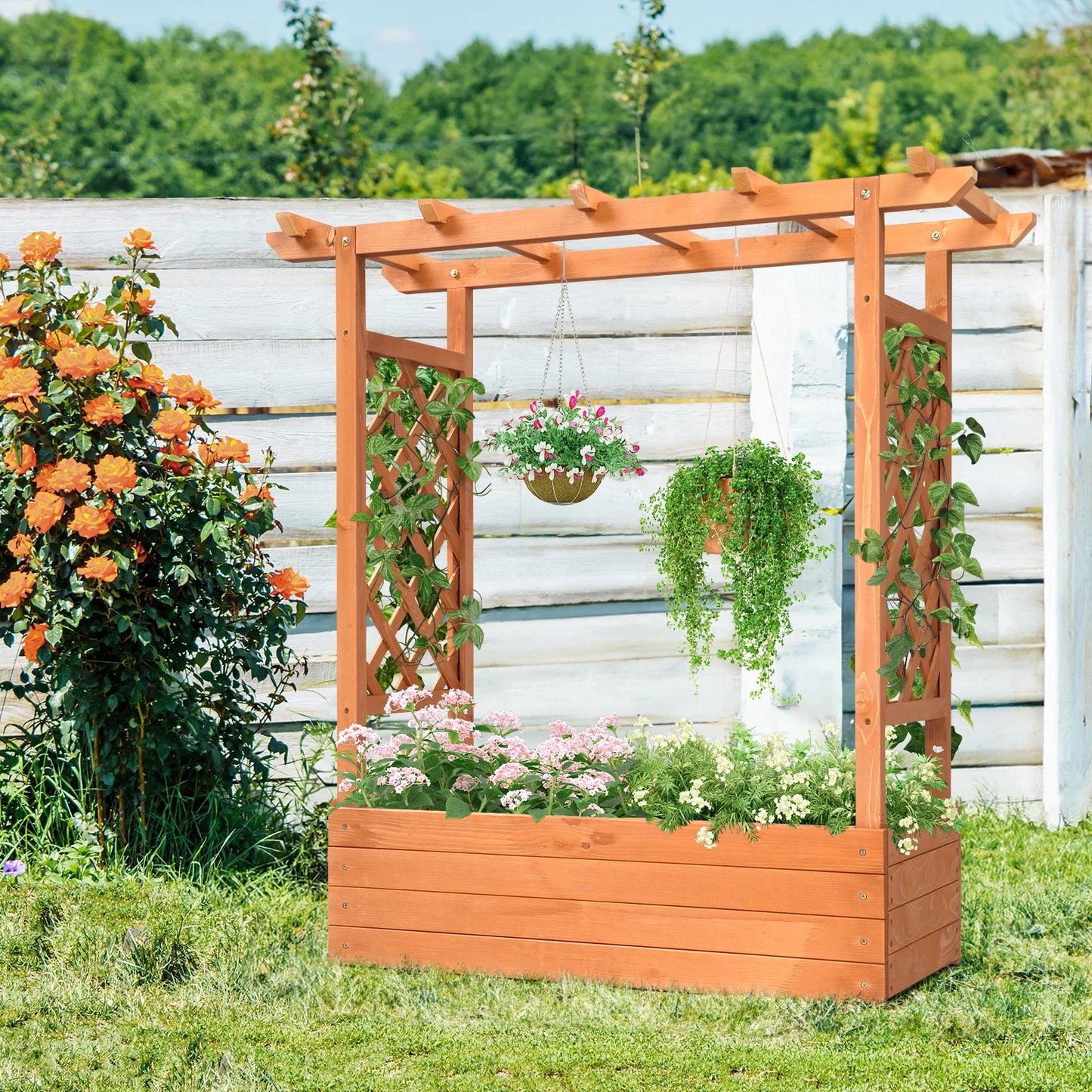 US Stock Raised Garden Bed 43.5 x 17.5 x 44.5 Inches Fir Arched Lattice Wooden Planting Frame Teak Color Outdoor Garden Balconies