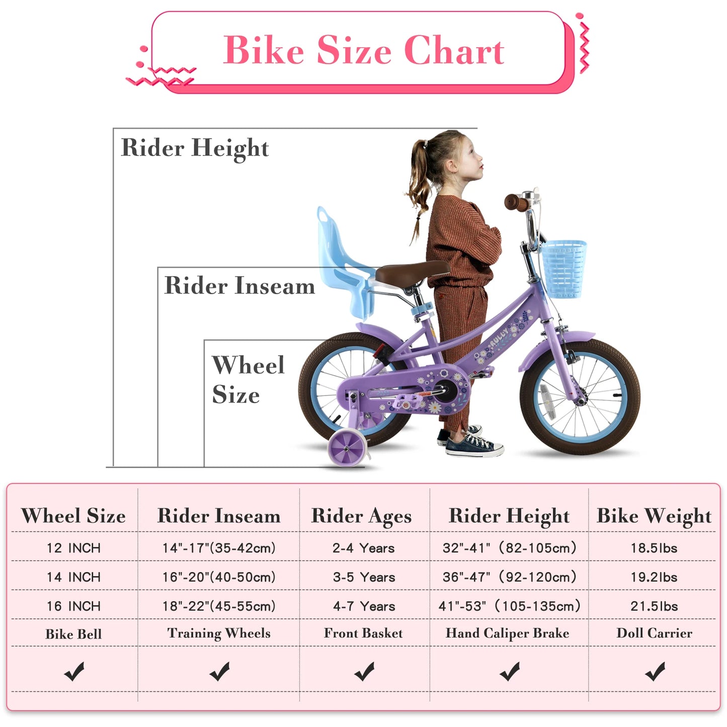 Rully 12 to 16 Inch Children's Bicycle with Training Wheels Bike Bell Doll Seat Basket for Girls Aged 2 to 6 Years Pink and Purple - Get Outside Today 25