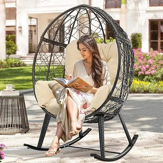 Outdoor Rocking Egg Chair with Cushioned Comfort Wicker Patio Rocker 250 Pound Capacity Anti-Slip All Weather Resilient Rattan