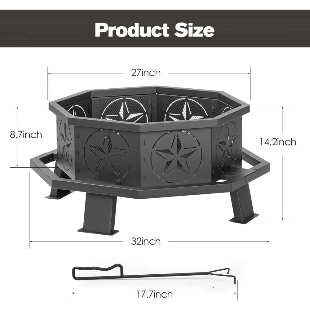 32 Inch Octagonal Outdoor Fire Pit Wood Burning With Poker