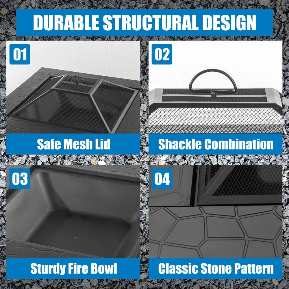 32 Inch Square Metal Fire Pit Table Outdoor Patio Heater For Backyard Garden Camping And Outdoor Heating