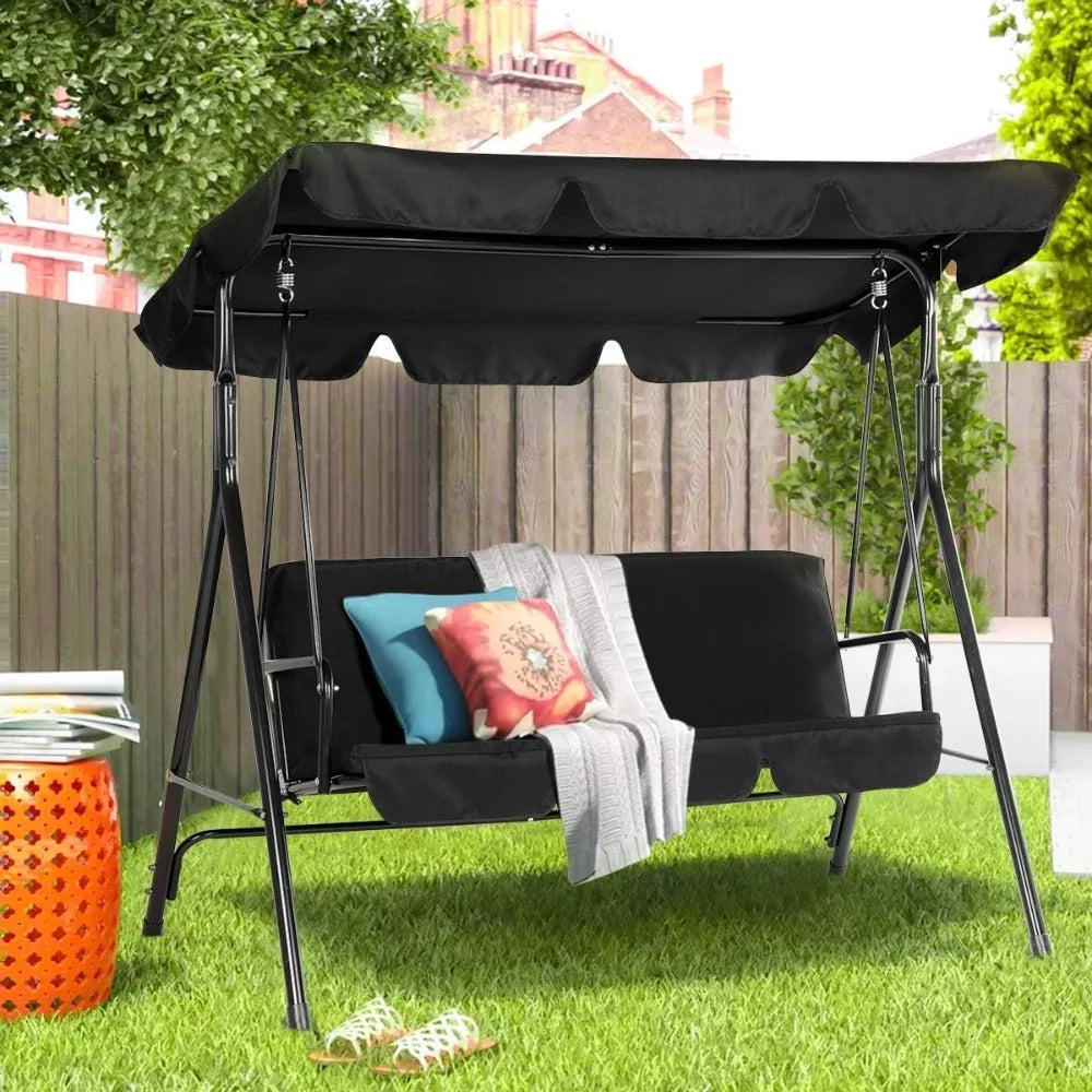 Outdoor Patio Swing Chair for Adults 3 Seat Porch Swing with Adjustable Canopy Removable Cushion Outdoor Furniture