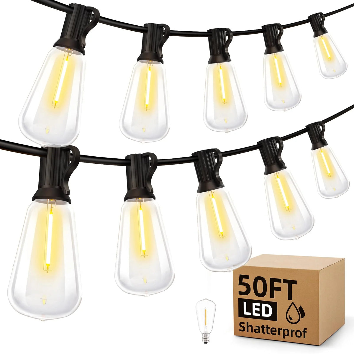 200FT LED Outdoor String Lights Waterproof Shatterproof ST38 Dimmable Bulbs