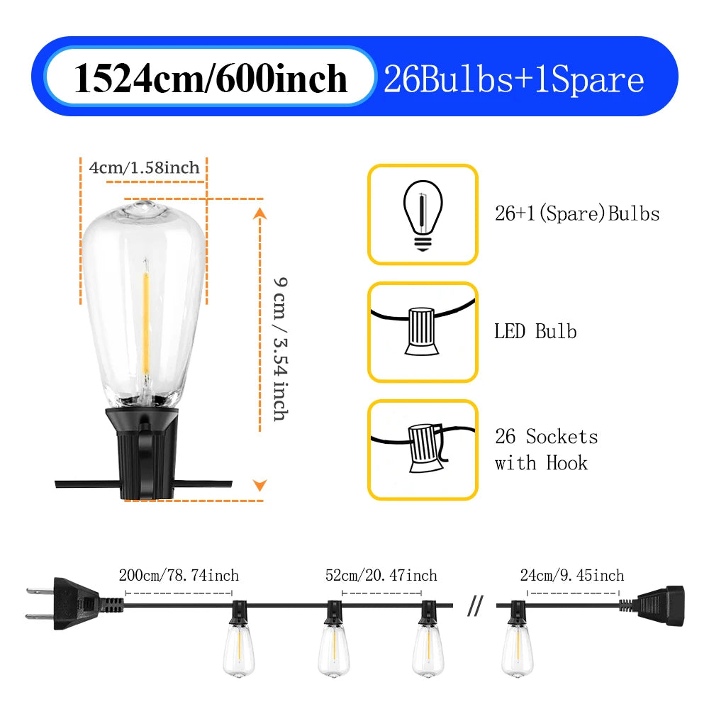 50ft 100ft 25ft LED Outdoor String Lights Shatterproof ST38 Bulbs Dimmable Connectable Warm White for Garden Porch