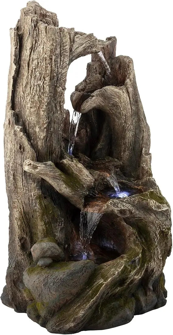 Win786 4 Tier Rainforest Tree Trunk Waterfall Fountain with LED Lights for Outdoor Garden Patio Yard and Porch Decor 40 Inches High
