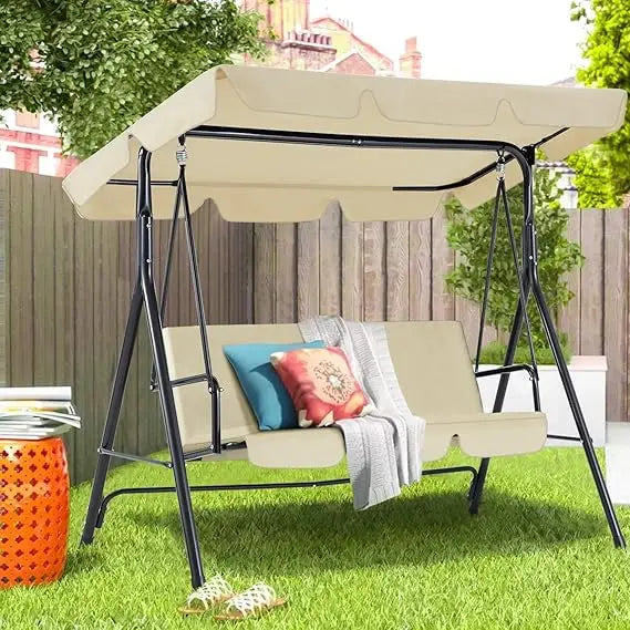 Outdoor Patio Swing Chair for Adults 3 Seat Porch Swing with Adjustable Canopy Removable Cushion Outdoor Furniture