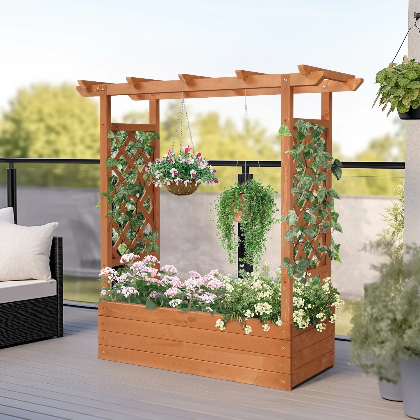 US Stock Raised Garden Bed 43.5 x 17.5 x 44.5 Inches Fir Arched Lattice Wooden Planting Frame Teak Color Outdoor Garden Balconies