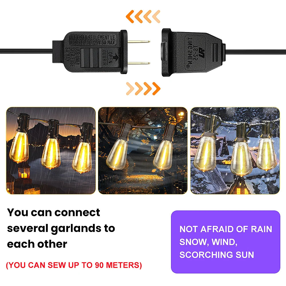 50ft 100ft 25ft LED Outdoor String Lights Shatterproof ST38 Bulbs Dimmable Connectable Warm White for Garden Porch