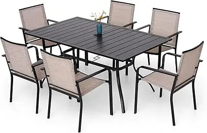 7 Piece Outdoor Patio Dining Set with 6 Stackable Chairs and Rectangular Table in Black