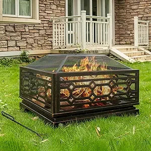 Square Outdoor Wood Burning Fire Pit With Mesh And Poker