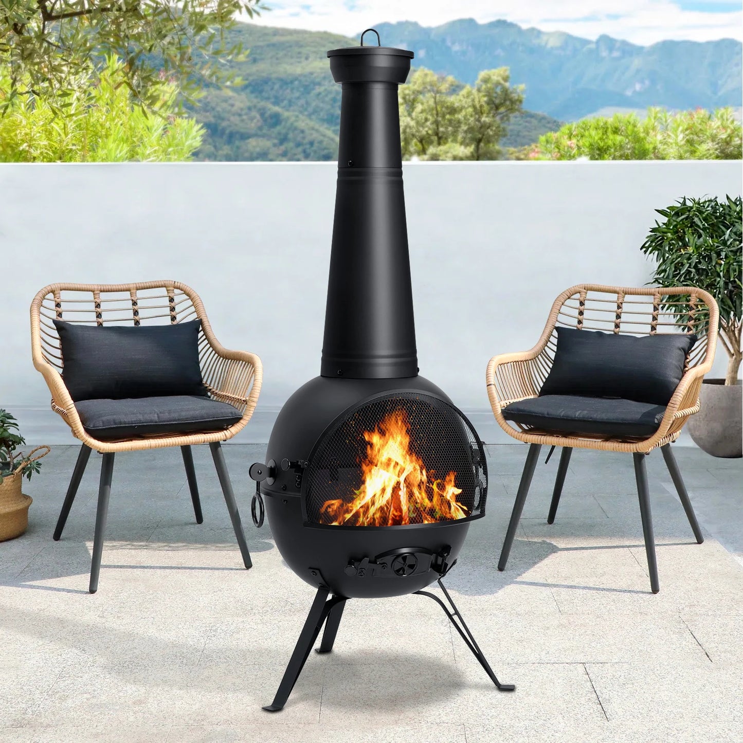 Outdoor Wooden Chiminea Fire Pit With Chiminea Cover Rust Free Iron Black - Get Outside Today 25