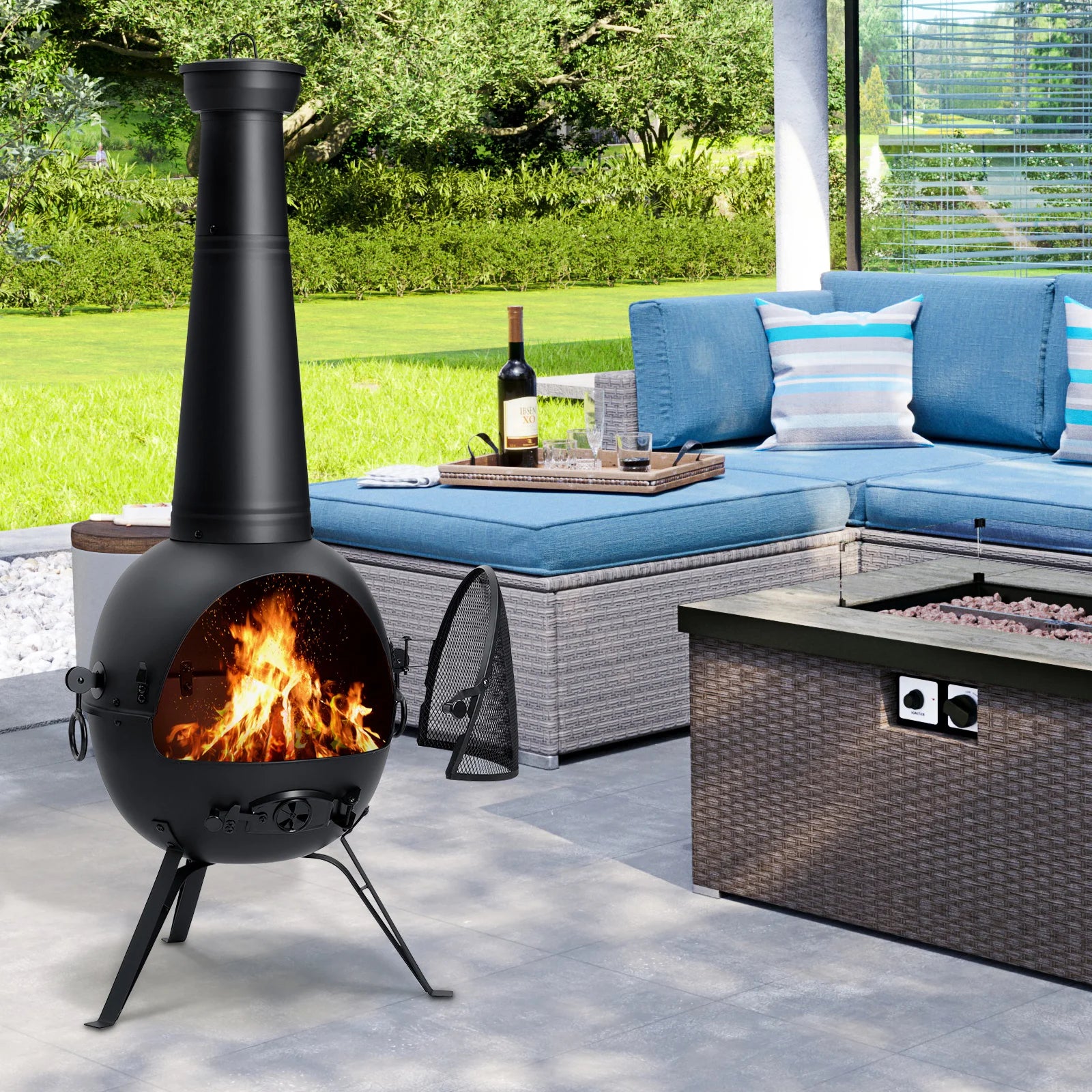 Outdoor Wooden Chiminea Fire Pit With Chiminea Cover Rust Free Iron Black - Get Outside Today 25
