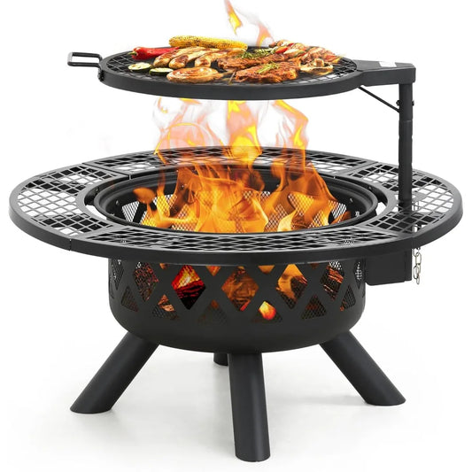 32 Inch Fire Pit With Poker Outdoor Wood Burning Grill
