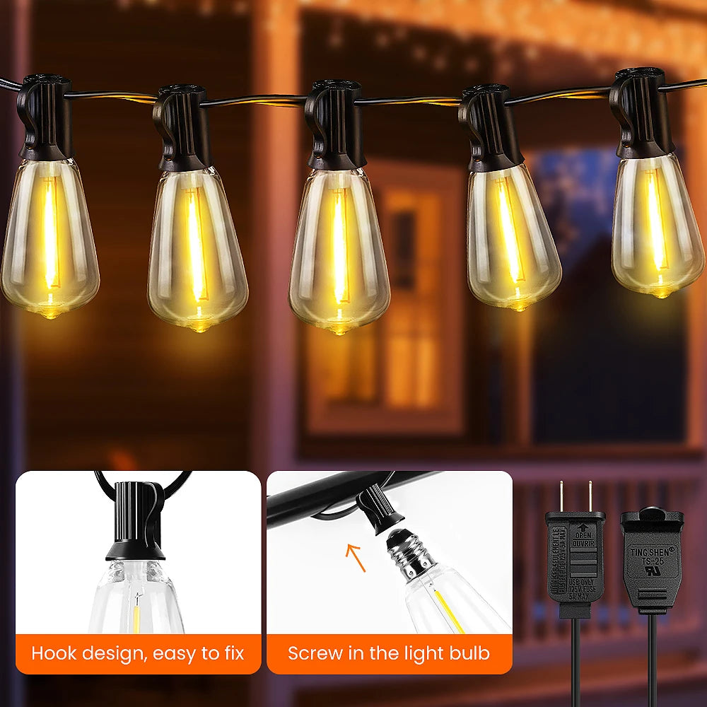 50ft 100ft 25ft LED Outdoor String Lights Shatterproof ST38 Bulbs Dimmable Connectable Warm White for Garden Porch