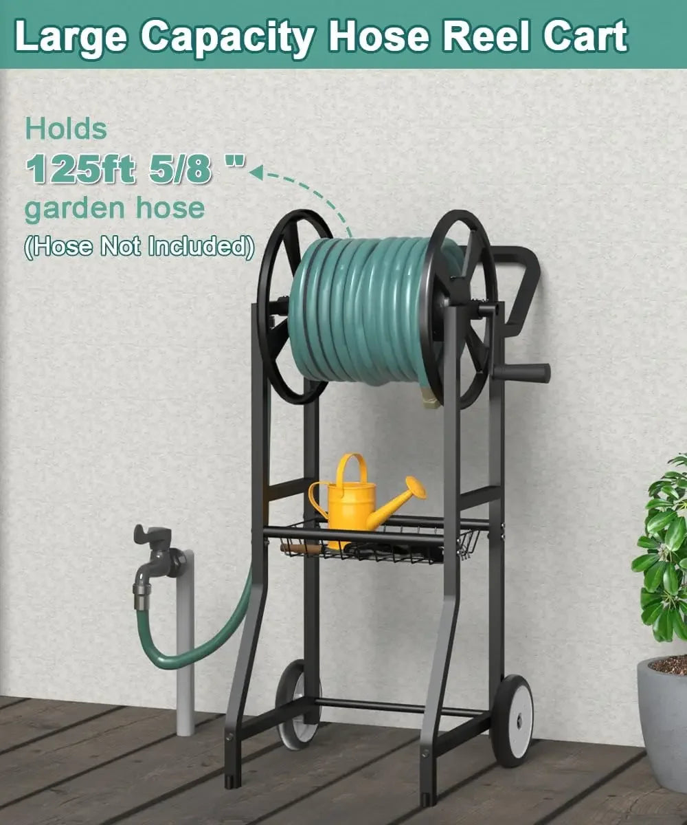 Garden Hose Reel Cart with Wheels Outdoor Heavy Duty Powder Coated Steel Water Winder Storage Holds 125 Ft 5/8 Inch Hoses with Leader Hose and Basket - Get Outside Today 25