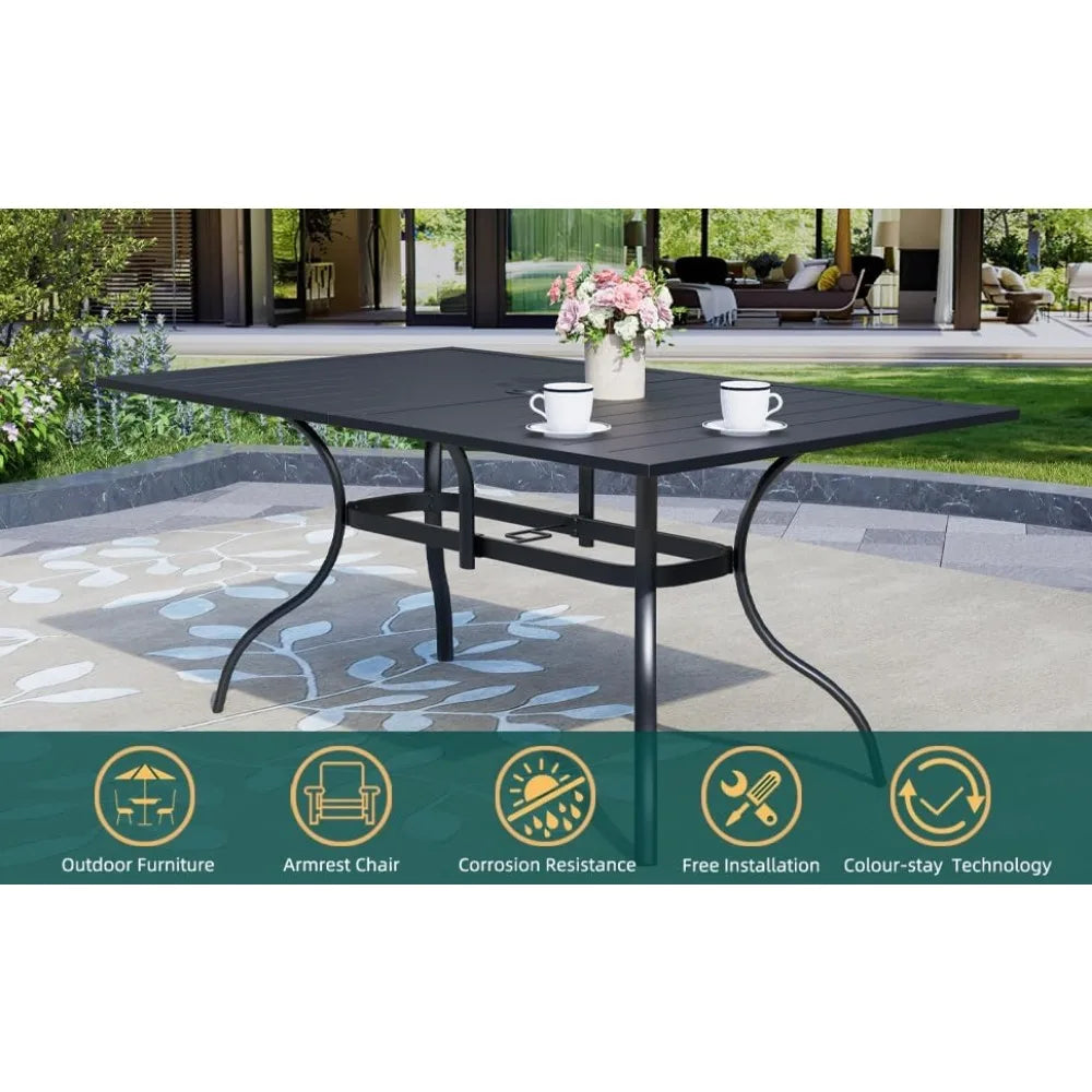 7 Piece Outdoor Patio Dining Set with 6 Stackable Chairs and Rectangular Table in Black