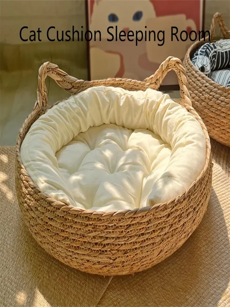 Handwoven Rattan Cat Nest Four Seasons Warm Pad Washable