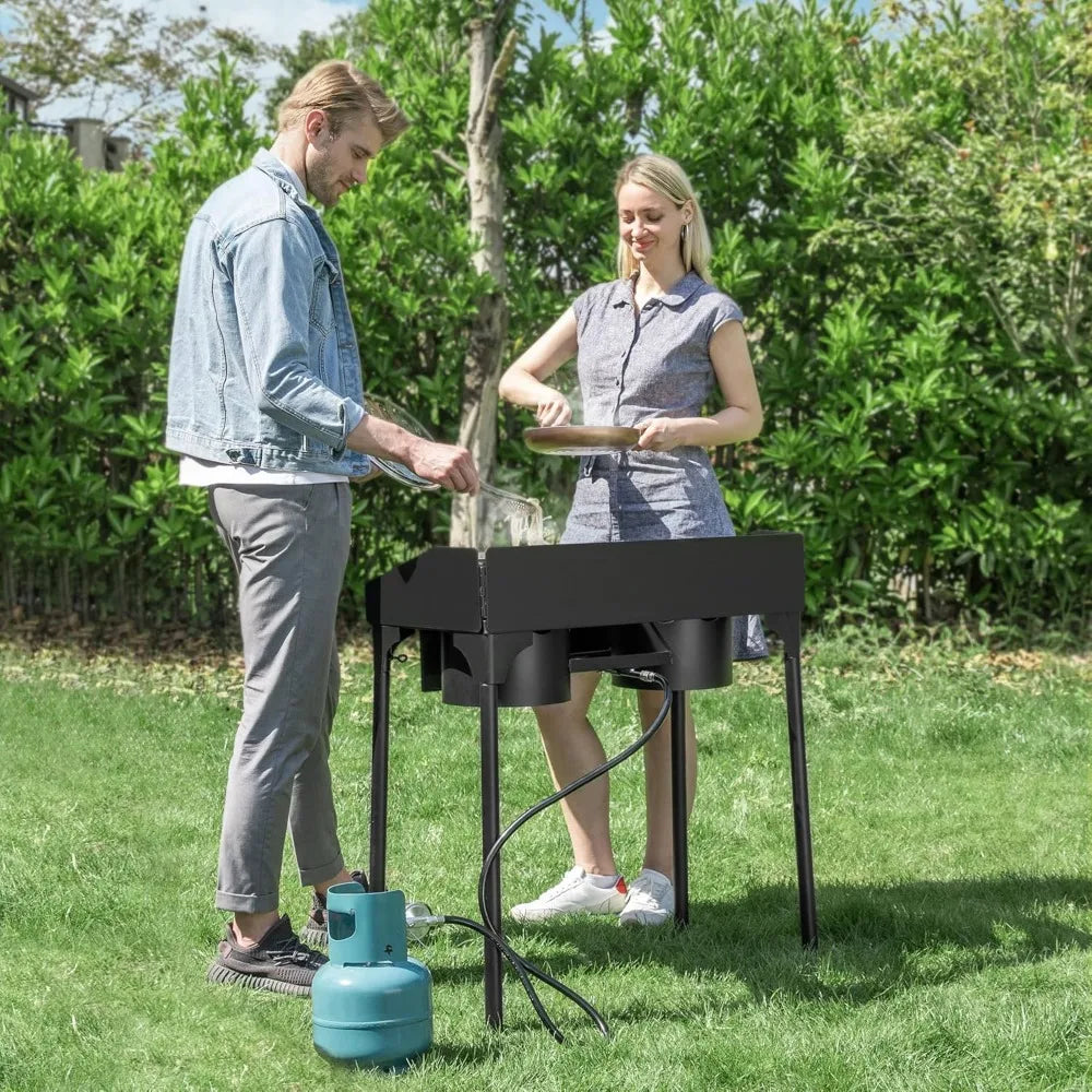 Dual Burner Propane Stove Outdoor Camping With Windshield