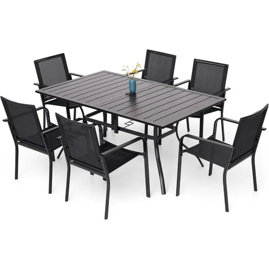 7 Piece Outdoor Patio Dining Set with 6 Stackable Chairs and Rectangular Table in Black