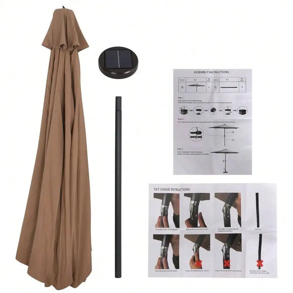 Outdoor Patio Solar Umbrella 10FT 32LED Patio Market Steel Tilt W/ Crank