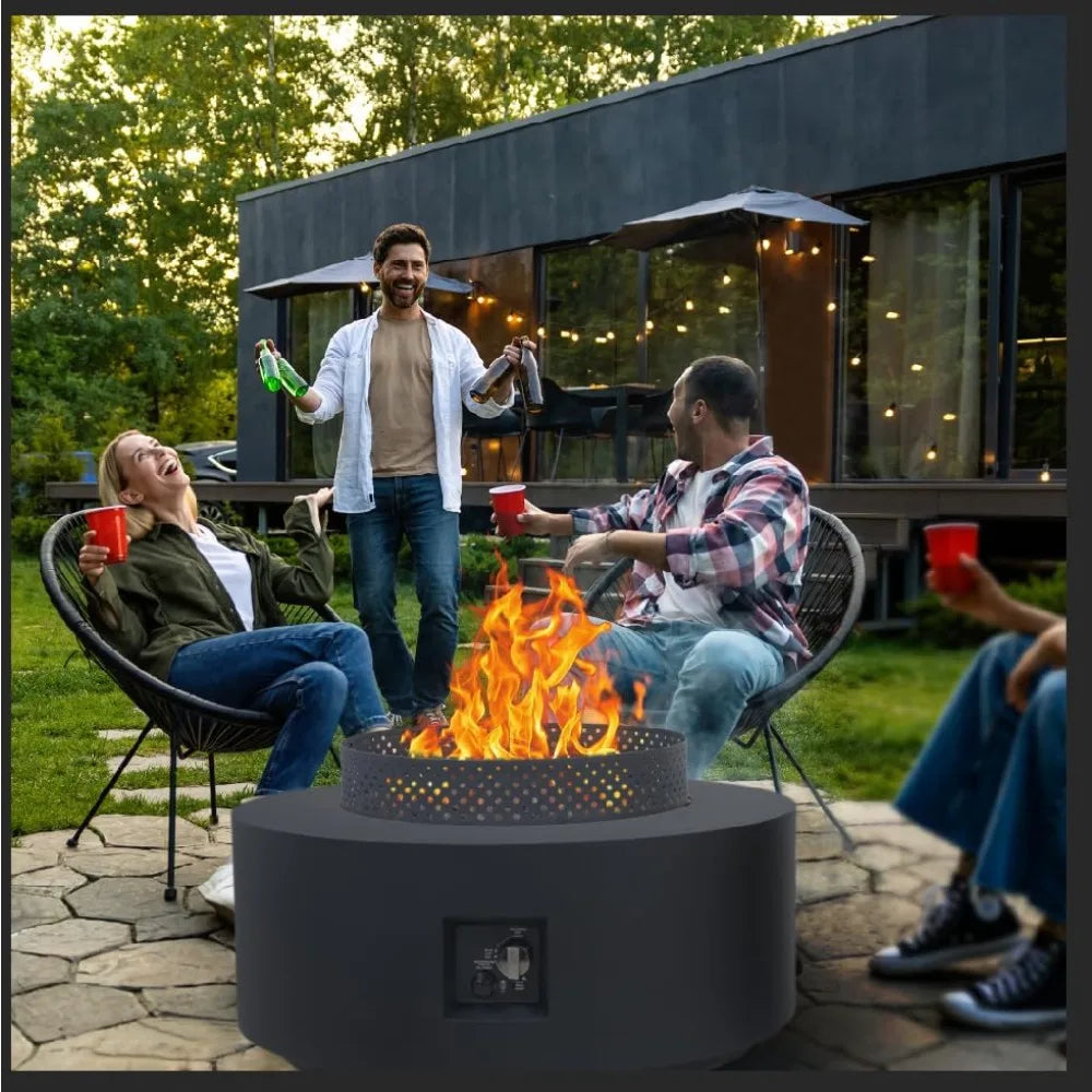 3 Piece Outdoor Fire Pit Table 32 Inch Propane Fire Table 65000 BTU Black Round Gas Fire Pit Wind Guard Baking Sheet