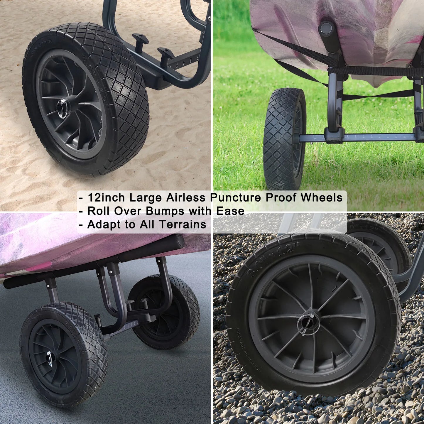 Heavy Duty Kayak Cart Width Adjustable Canoe Cart with 12 Inch Flat Free Beach Wheels Boat Dolly Transport Carrier