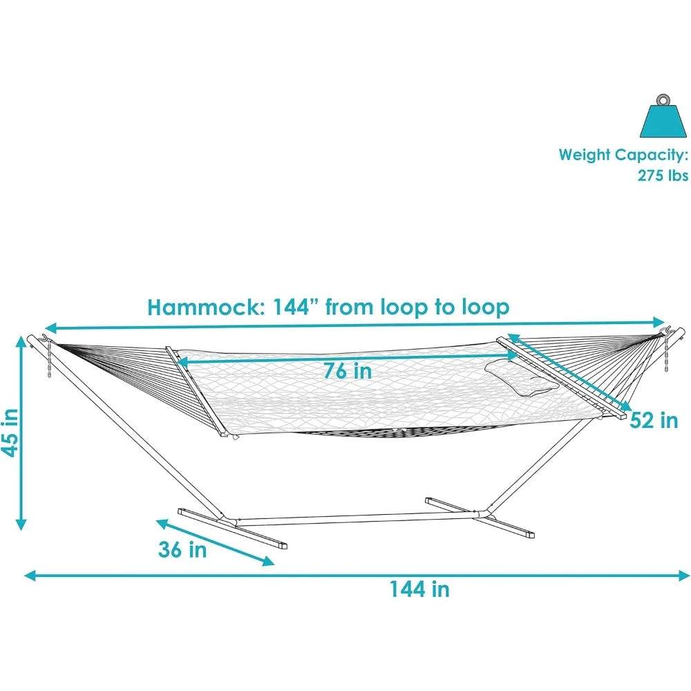 Rope hammock with standing combination - 275 lb capacity - includes 12-foot hammock stand, sling bar, cushion and pillow