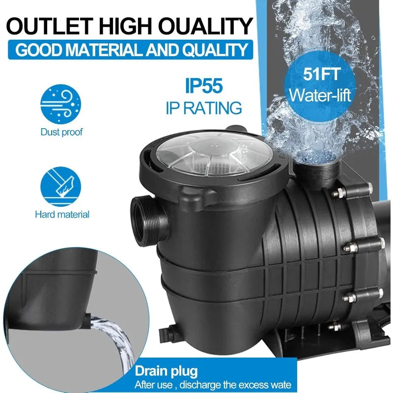 1.5 HP Pool Pump Inground, Self Primming pool pump above ground, Single Speed Swimming pool pumps Dual voltage - Get Outside Today 25