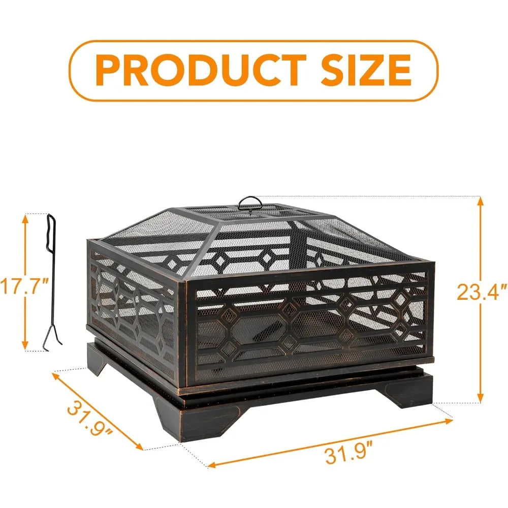 Square Outdoor Wood Burning Fire Pit With Mesh And Poker