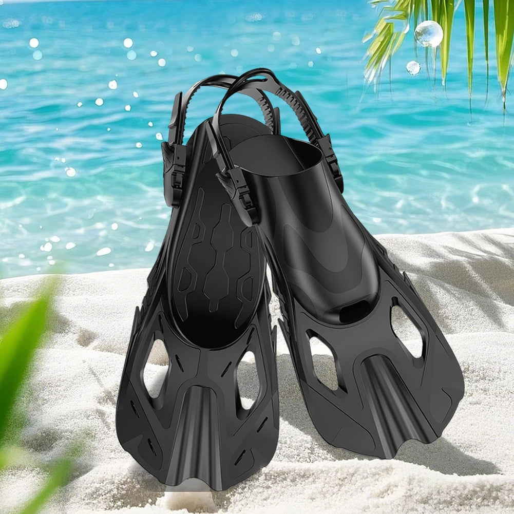 Snorkel Fins Adjustable Buckles Swimming Flippers Short Silicone Scuba Diving Shoes Open Heel Travel Size Adult Men Women
