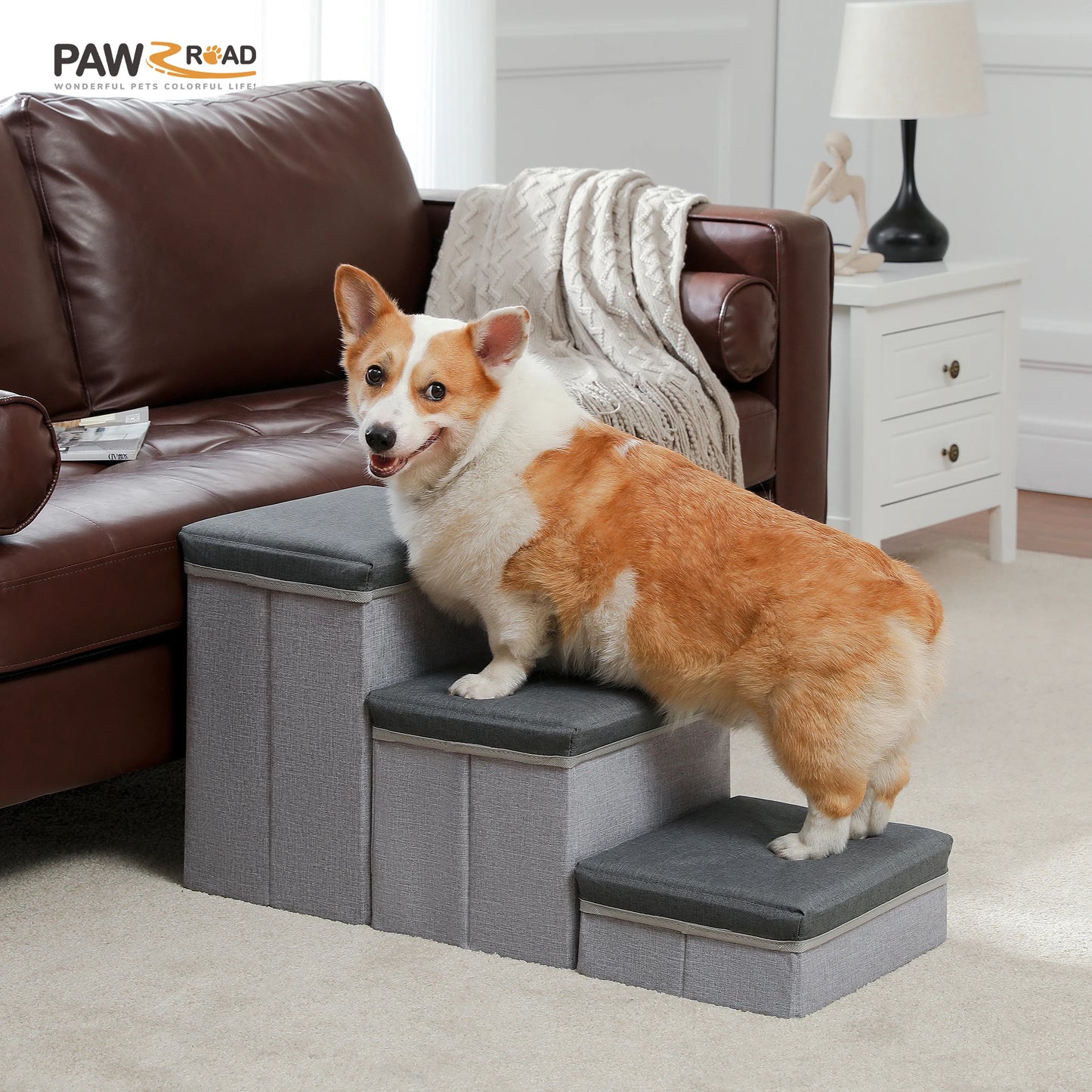 Three Tier Foldable Dog Stairs With Storage Box Indoor Use