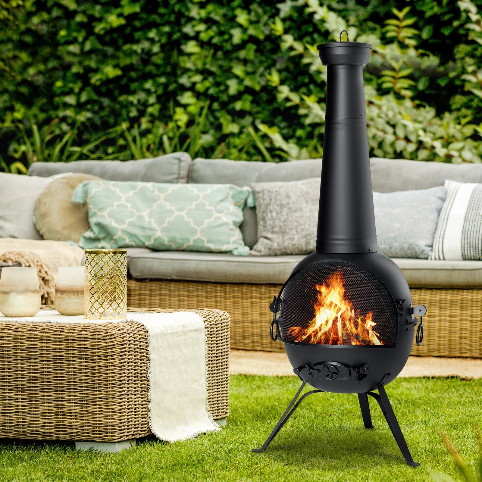 Outdoor Wooden Chiminea Fire Pit With Chiminea Cover Rust Free Iron Black - Get Outside Today 25