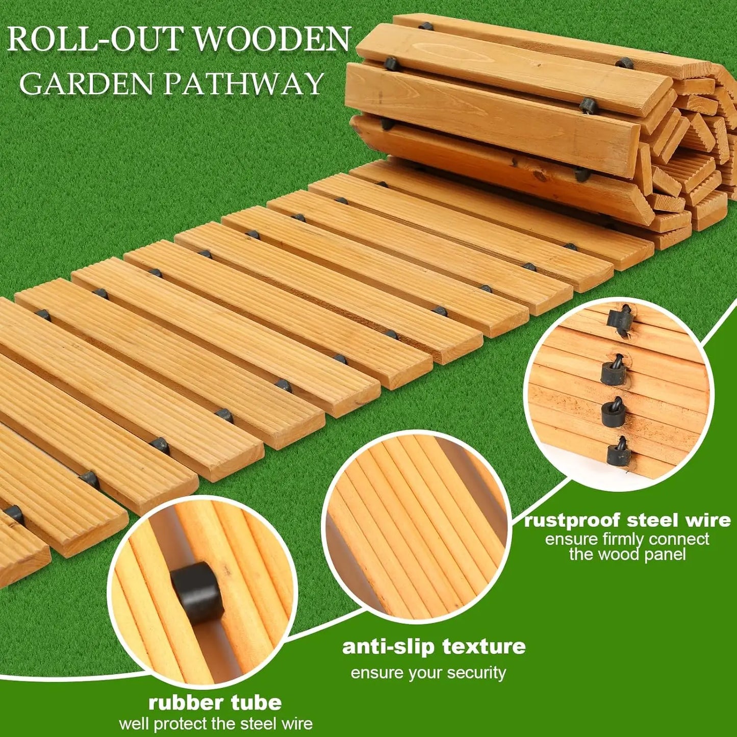 10FT Wooden Garden Pathway Outdoor Roll Out Decorative Walkway Weather Resistant Non Slip Hardwood Pavers for Garden Backyard Beach Wedding Party