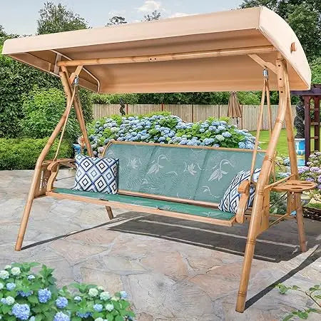 3 Person Patio Swing Outdoor Swing for Adults with Adjustable Canopy and Upgraded Cup Holders Textilene Fabric Porch Swing Chair